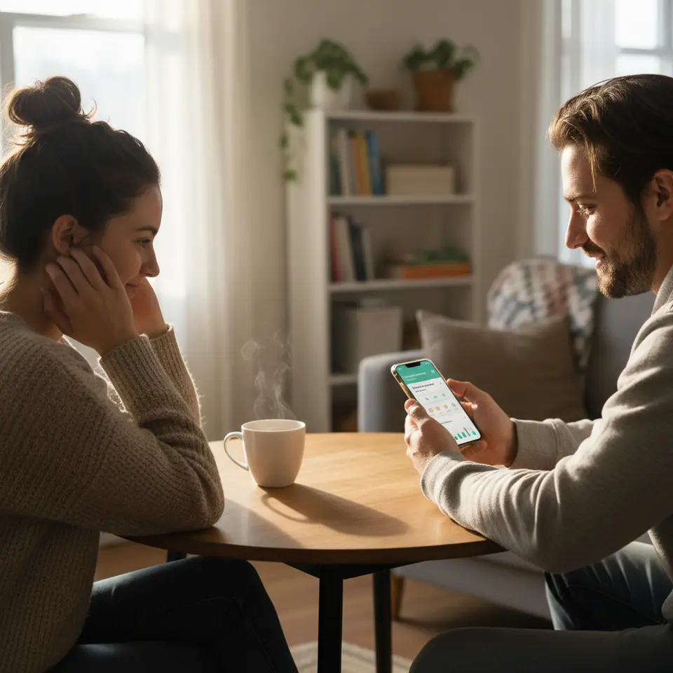 A couple sitting comfortably at a small table, each holding a smartphone displaying a relationship app interface—with daily check-in questions, love-language icons, and progress graphs—while gentle morning light filters through a nearby window and a shared cup of tea sits between them.