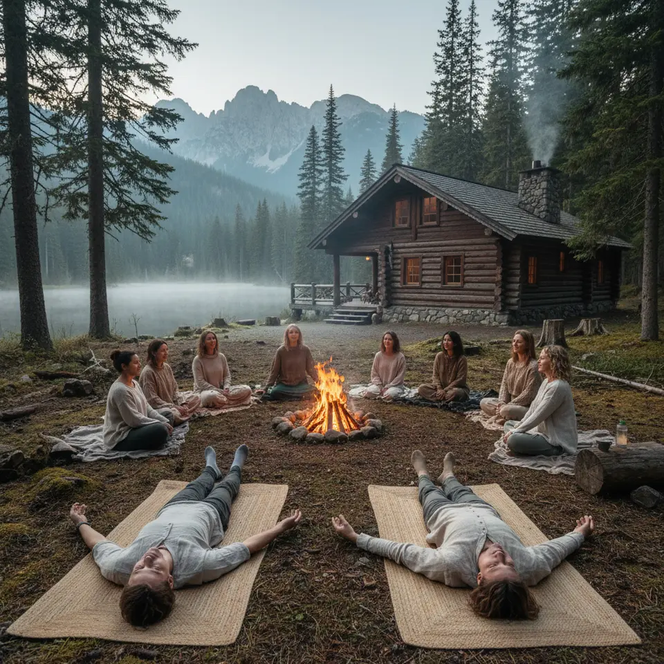 An immersive couples’ retreat set in a tranquil forest clearing: partners participating in guided somatic exercises on yoga mats, a circle of participants around a glowing bonfire, and a rustic lakeside lodge in the background framed by tall pines and misty mountains.