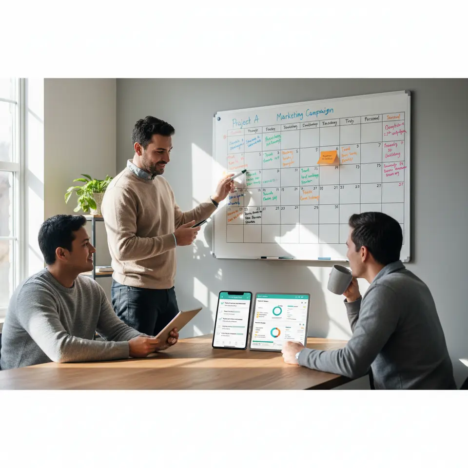 Daily Planning and Shared Routines for Teamwork: A wall-mounted shared calendar filled with color-coded events and reminders, alongside a smartphone and tablet showing synchronized to-do lists, habit-tracker progress bars, and a budgeting app dashboard with spending categories and savings goals—highlighting collaborative scheduling and financial planning.