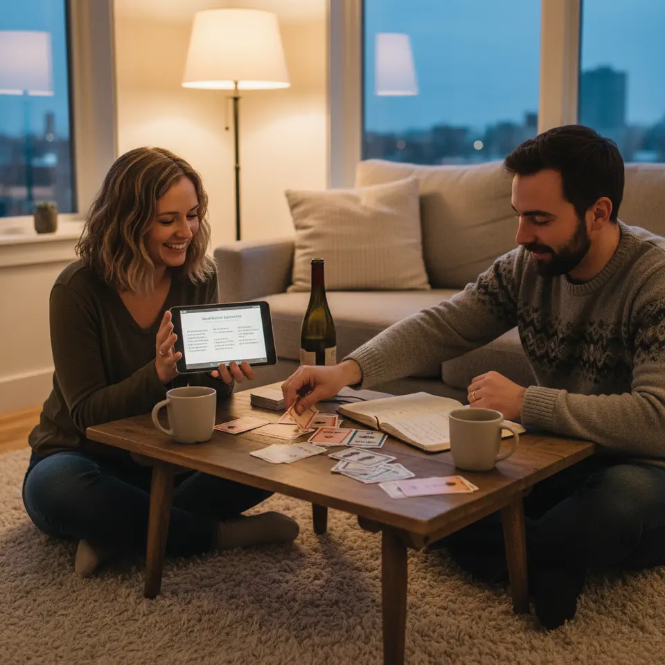 Enhance Intimacy with Interactive Card Prompts: A cozy living‐room scene of a couple seated at a small table, alternately drawing from a digital/printable deck of relationship prompt cards labeled “Open-Ended Questions” and “Love & Appreciation.” Spread-out cards, a shared journal, and soft ambient lighting convey warmth, curiosity, and meaningful dialogue.