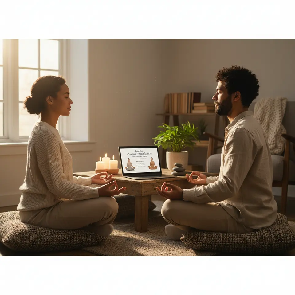 Practice Couples’ Mindfulness with Guided Videos: A serene meditation corner where partners sit cross-legged facing each other, eyes softly closed or maintaining gentle eye contact, following a guided mindfulness session playing on a laptop or tablet. Subtle details—candles, cushions, and calm morning light—highlight breathwork and loving-kindness practice.