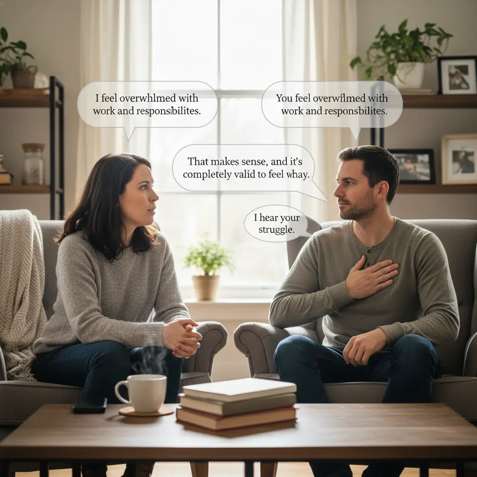 Imago Dialogue Exercise – Visualize a couple sitting opposite each other engaging in a three-step conversation: one partner speaks while the other mirrors their words in a word-for-word speech bubble, then offers a validating response in a second bubble, and finally displays an empathetic gesture (hand on heart or gentle touch) accompanied by an emotion-focused bubble.