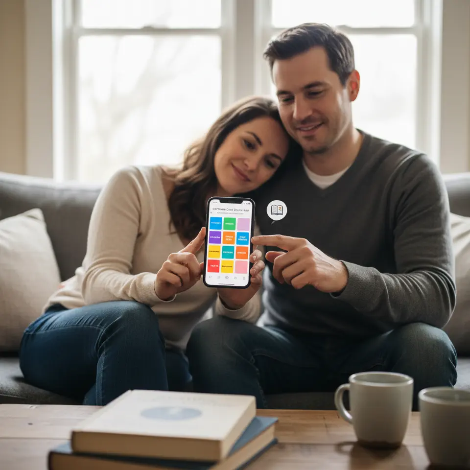 Gottman Card Decks App Interface – Depict a smartphone screen showing colorful digital cards labeled by themes (e.g., “Appreciation,” “Dreams,” “Tough Talks”), with a couple tapping a card together, a floating journal icon for saving favorites, and a small daily reminder notification prompting them to connect.